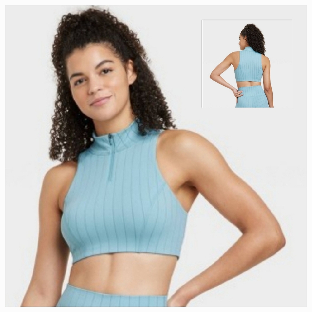 JoyLab Women's High Neck Zip Up Athletic Bra Striped ~ Longline Bra ~ Blue
